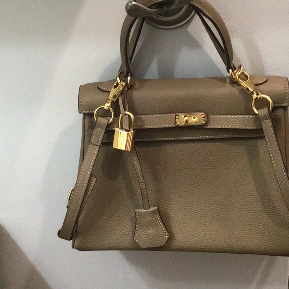 New Elegant Taupe Designer Inspired Satchel Bag with crossbody strap. - Picture 12 of 12